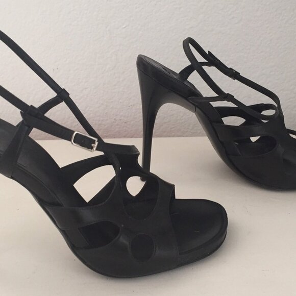 CASADEI STRAPPY BLACK OPEN TOE CUT OUT HEELS ADJUSTABLE BUCKLE CLOSURE - Picture 2 of 10